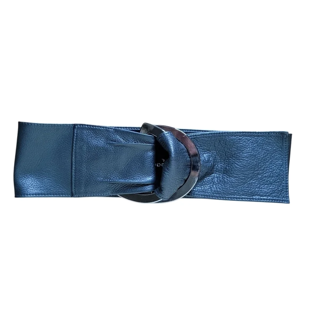 Vintage Streets Ahead Black Leather Heavy Buckle Wide Belt
